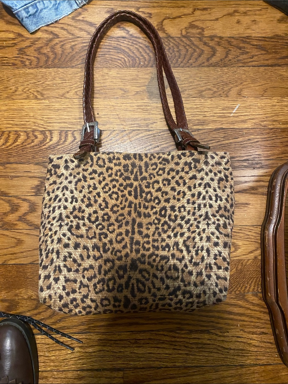 Brighton Leopard Print Shoulder Tote Bag with Brown Braided Straps